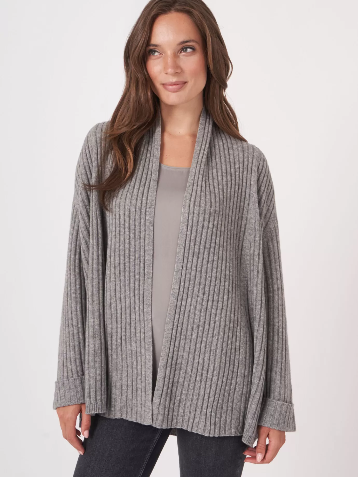 REPEAT cashmere Vesten<Geribd Open Vest Met Sjaalkraag En 3/4 Mouwen Met Omslag Lichtgrijs