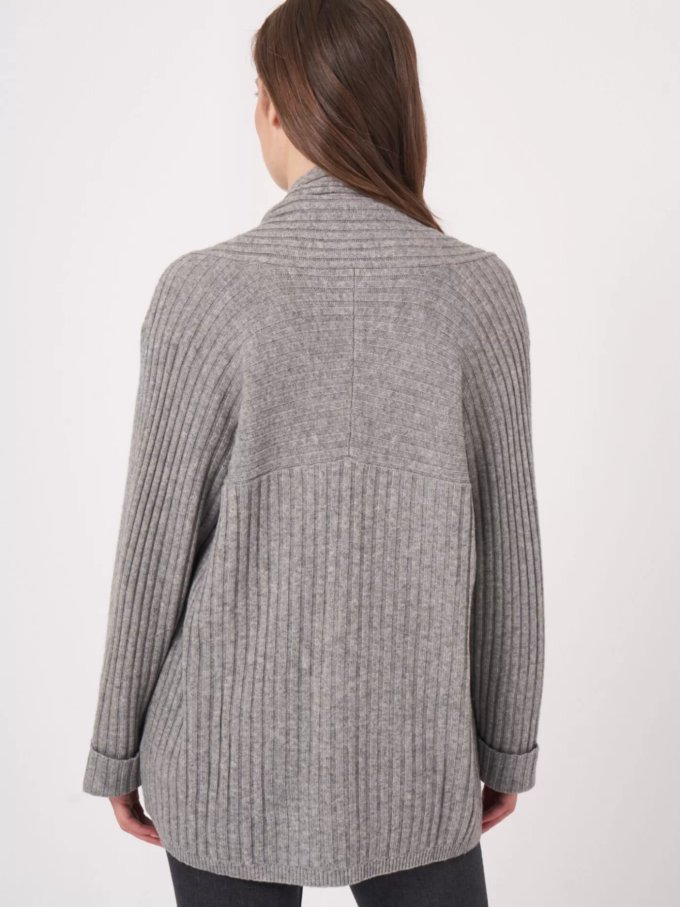 REPEAT cashmere Vesten<Geribd Open Vest Met Sjaalkraag En 3/4 Mouwen Met Omslag Lichtgrijs