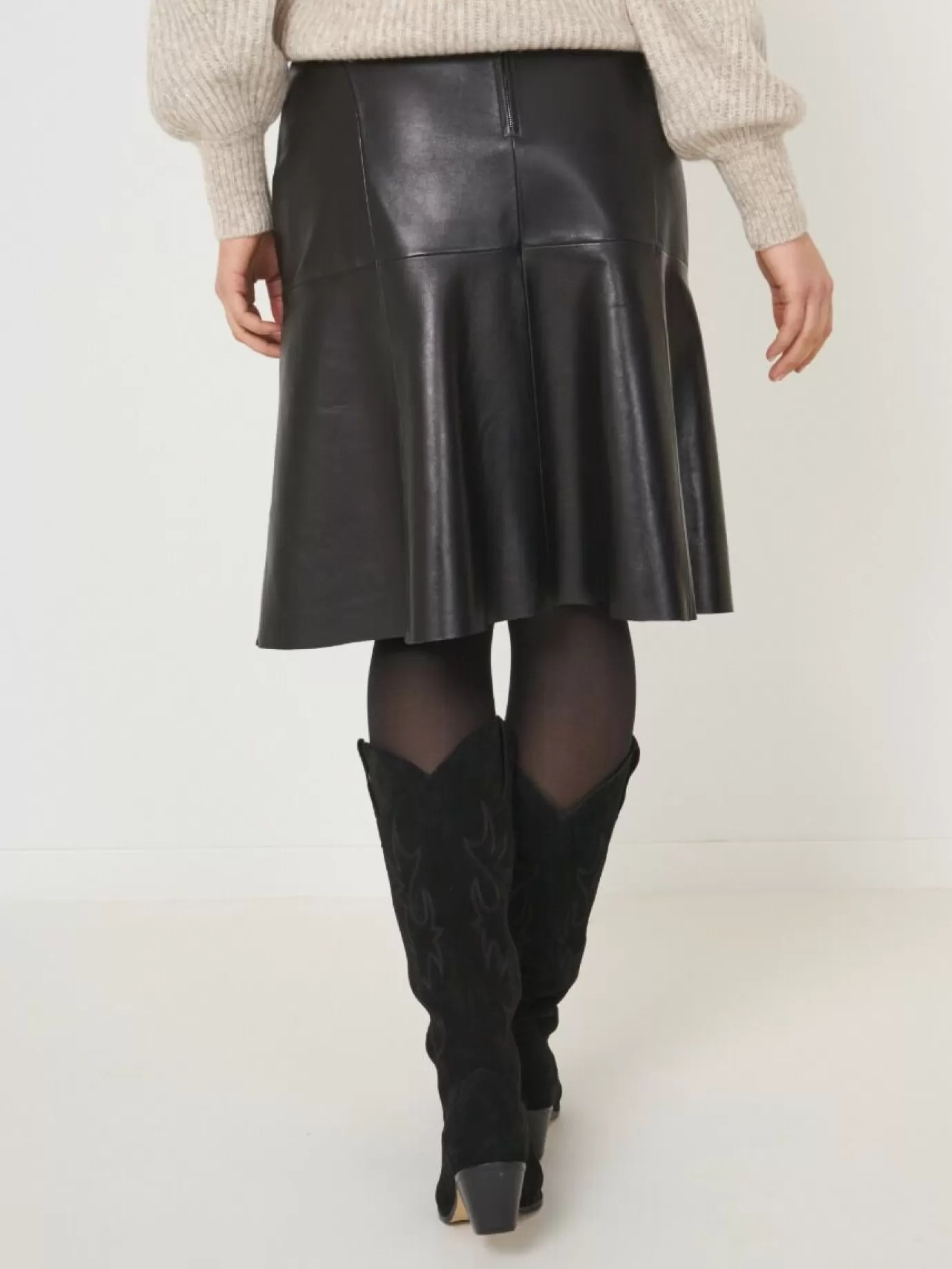 REPEAT cashmere Leer<Leren A-Lijn Rok Knielengte Zwart