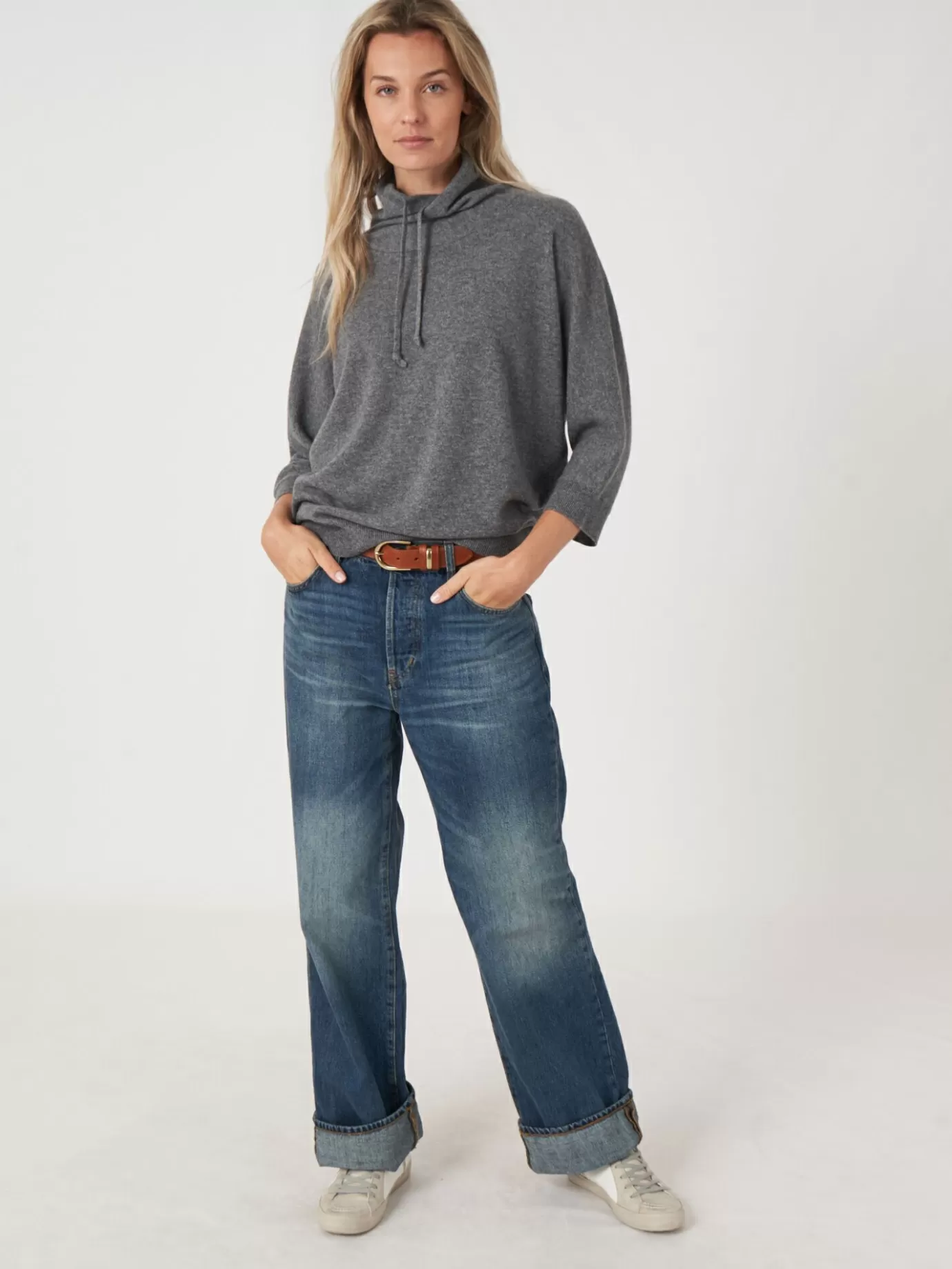REPEAT cashmere Truien<Sportieve Cashmere Trui Met Opstaande Kraag Met Trekkoord Middelgrijs