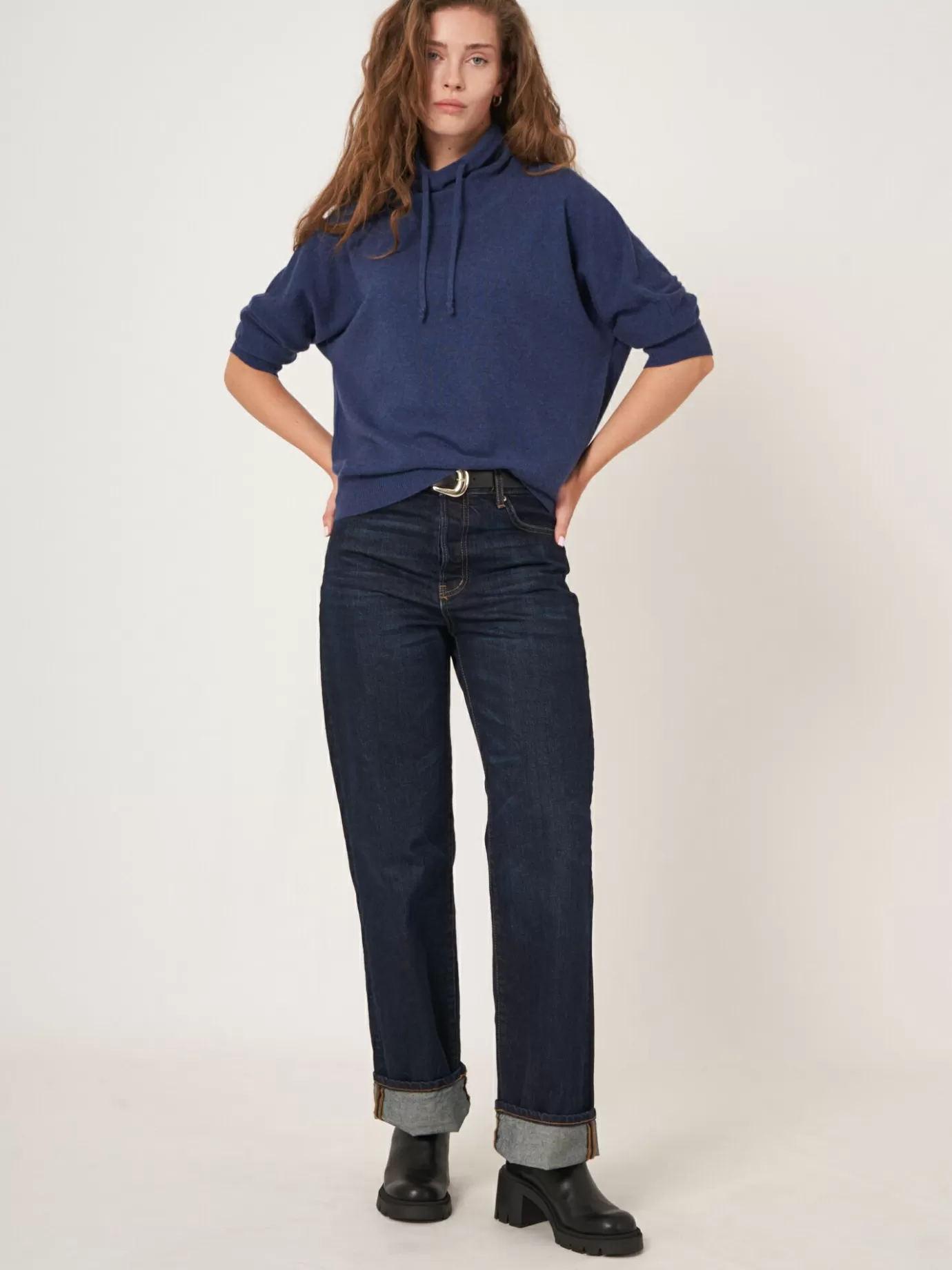 REPEAT cashmere Truien<Sportieve Cashmere Trui Met Opstaande Kraag Met Trekkoord Saffier