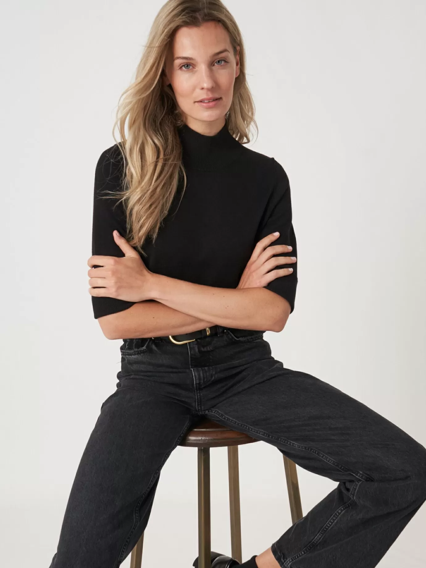 REPEAT cashmere Truien<Trui Met Korte Mouwen En Opstaande Kraag Van Katoen-Mix Zwart