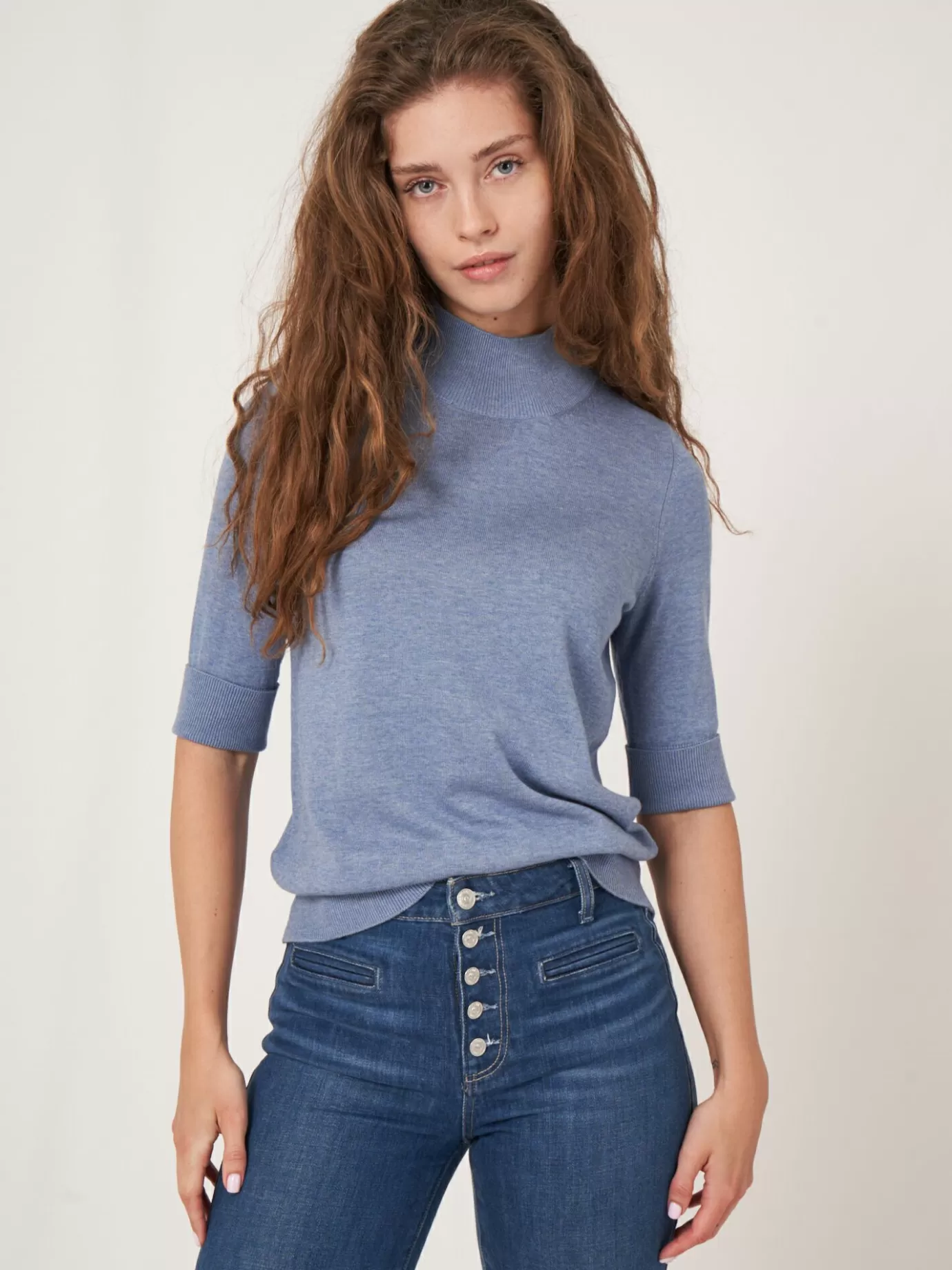 REPEAT cashmere Truien<Trui Met Korte Mouwen En Opstaande Kraag Van Katoen-Mix Denim