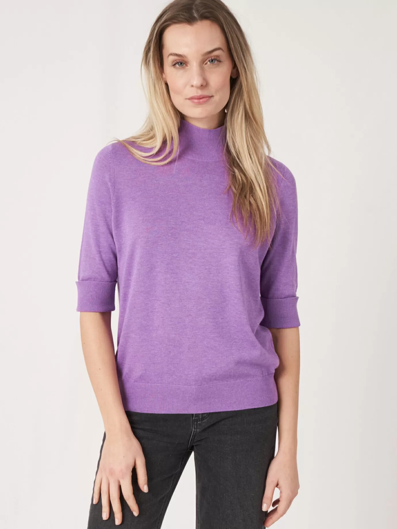 REPEAT cashmere Truien<Trui Met Korte Mouwen En Opstaande Kraag Van Katoen-Mix Lila