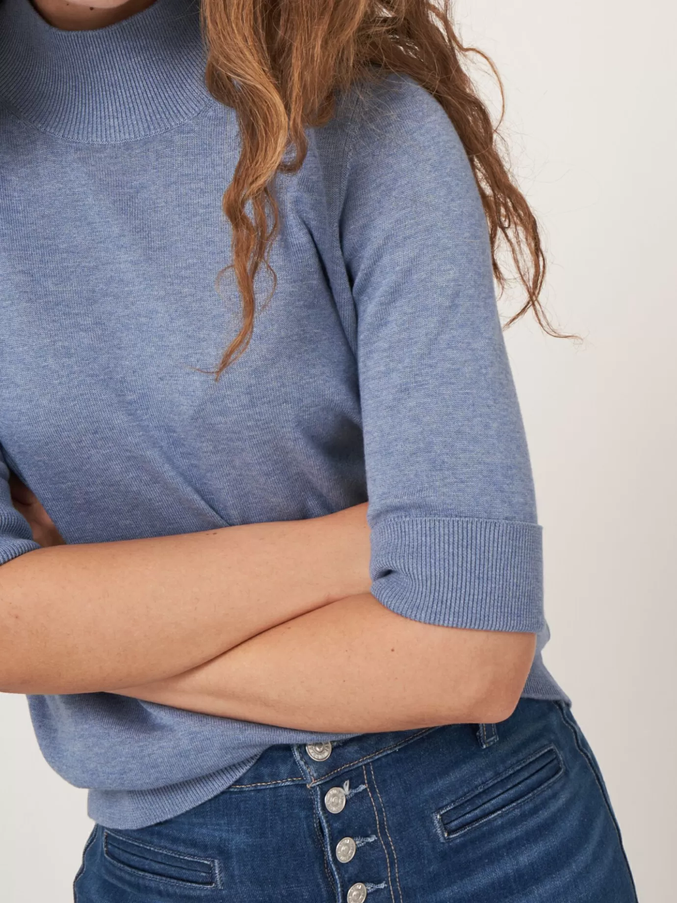 REPEAT cashmere Truien<Trui Met Korte Mouwen En Opstaande Kraag Van Katoen-Mix Denim