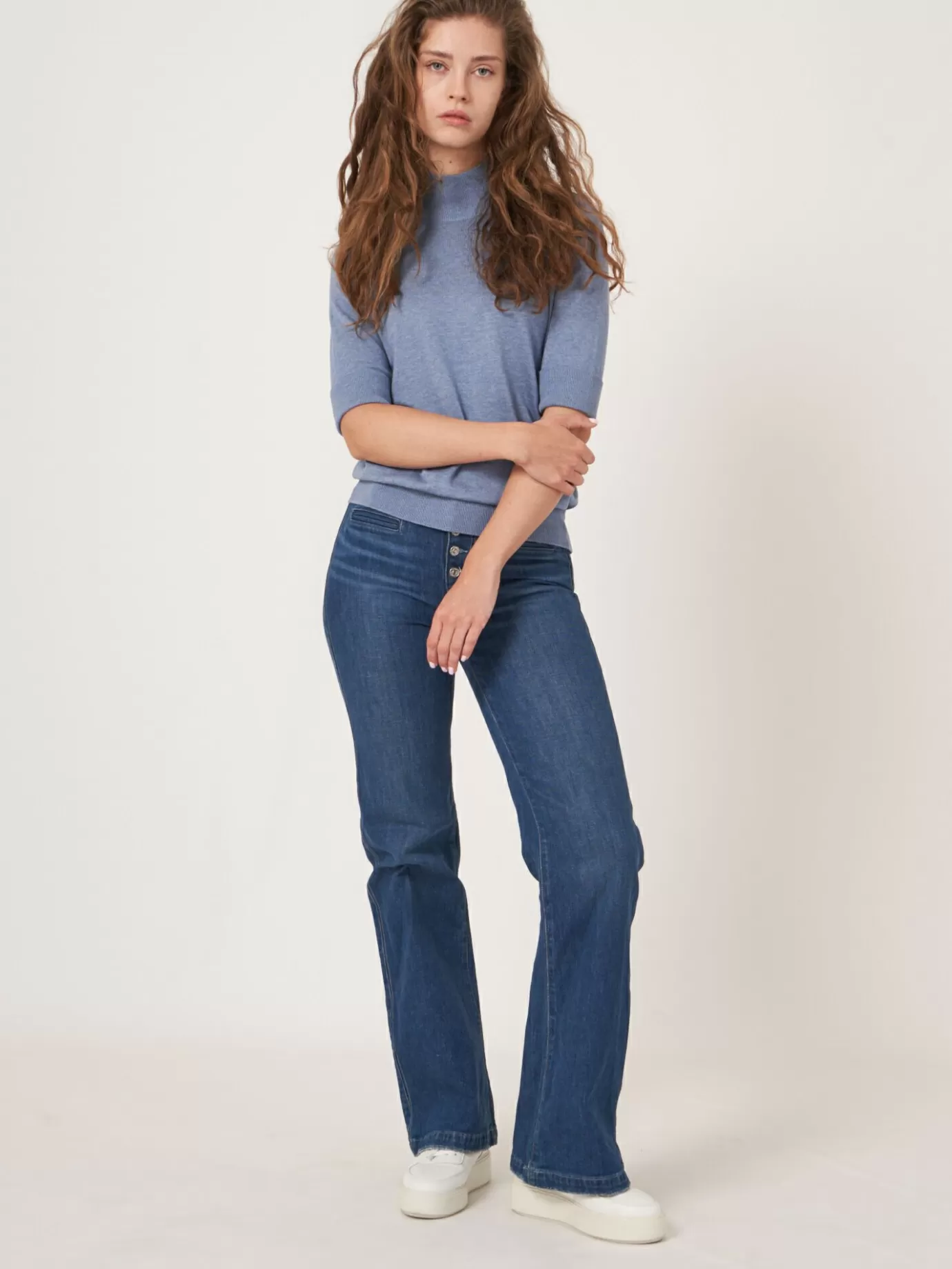 REPEAT cashmere Truien<Trui Met Korte Mouwen En Opstaande Kraag Van Katoen-Mix Denim