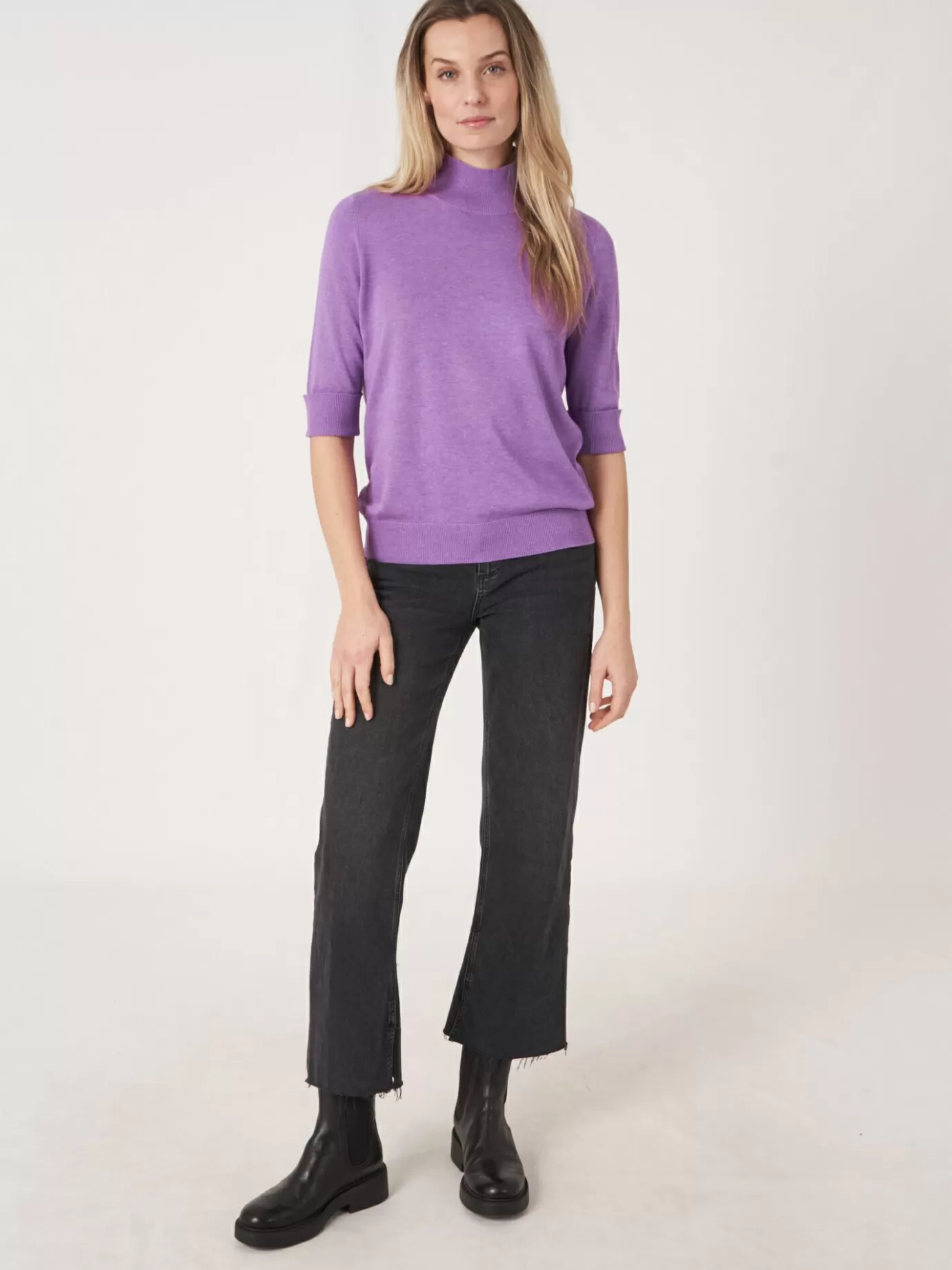 REPEAT cashmere Truien<Trui Met Korte Mouwen En Opstaande Kraag Van Katoen-Mix Lila