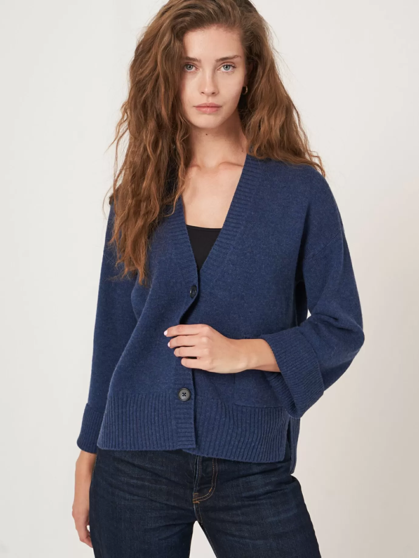 REPEAT cashmere Vesten<Vest Met Voorzak En Wijde Mouwen Met Geribd Detail Saffier