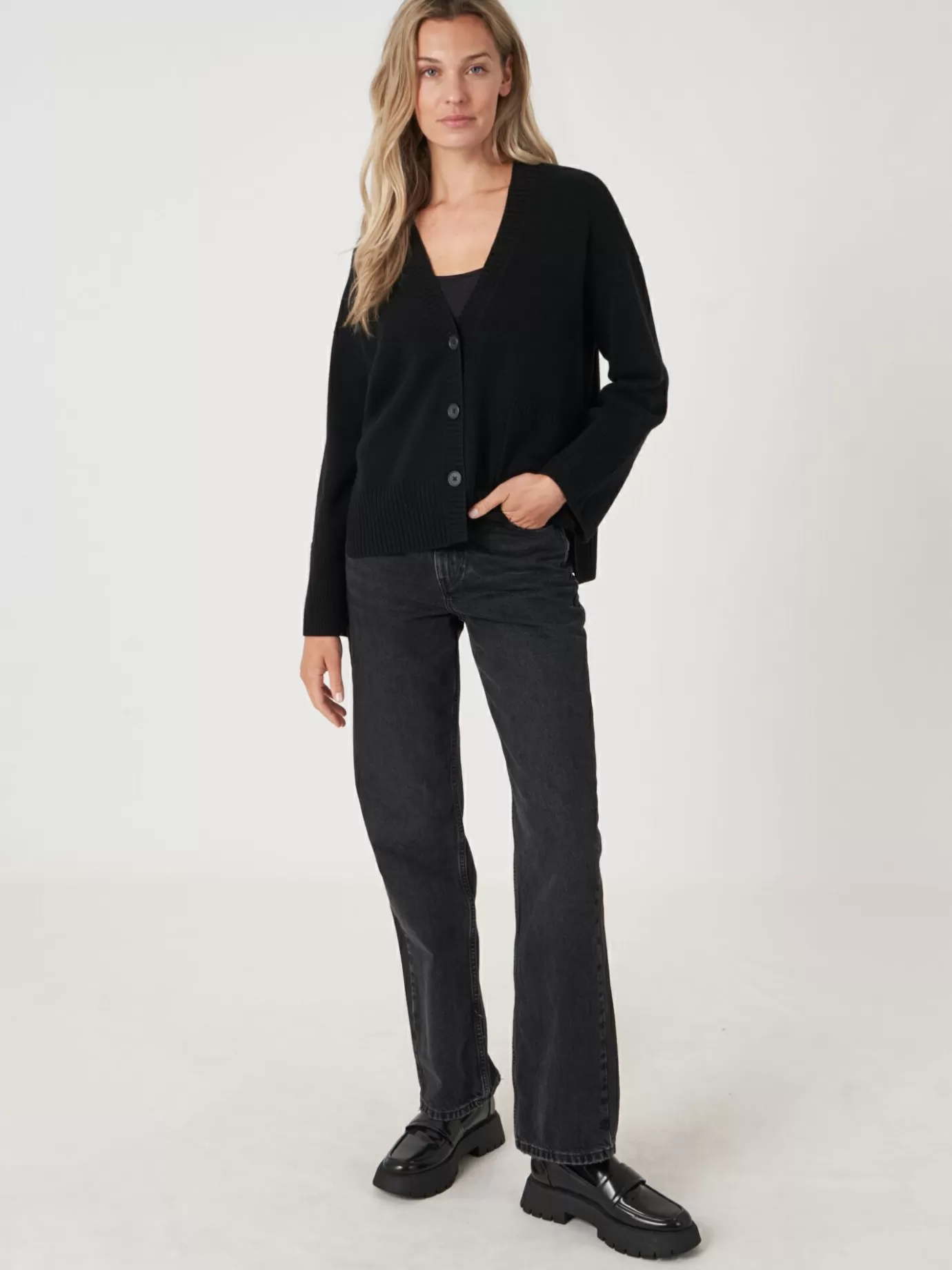 REPEAT cashmere Vesten<Vest Met Voorzak En Wijde Mouwen Met Geribd Detail Zwart